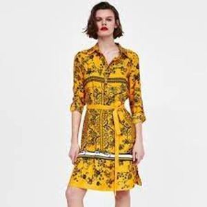 Zara Women Yellow and Black Print belted shirt Midi dress